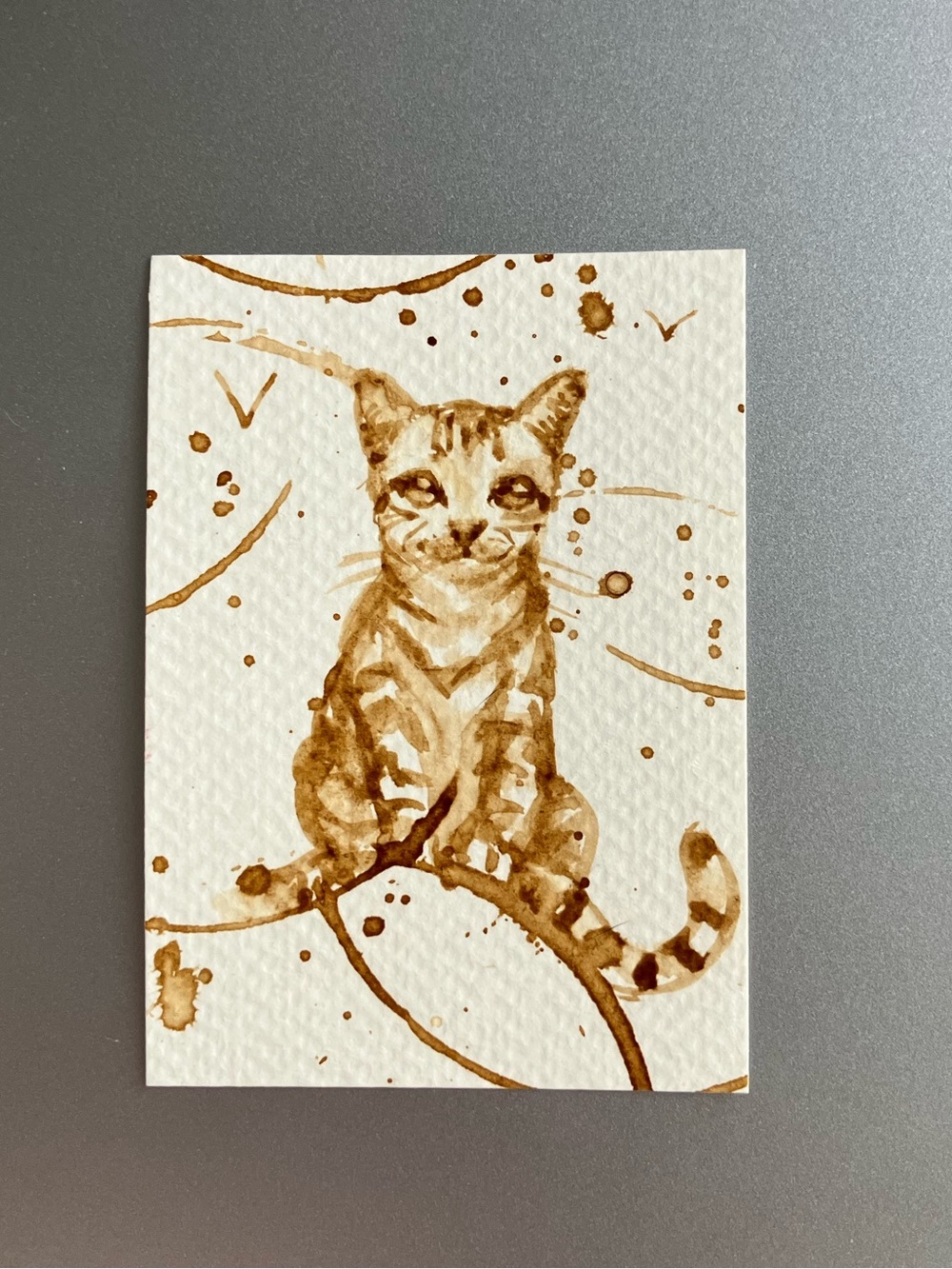 ORIGINAL coffee cat painting tabby feline art miniature realism aceo artwork